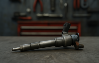 seized common rail diesel injector from a Jaguar XE 2.0 Ingenium engine removed and placed on a workbench
