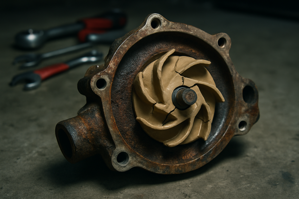 a corroded water pump with cracked plastic impeller removed from a Jaguar XK8 AJ26 V8 engine
