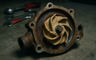 a corroded water pump with cracked plastic impeller removed from a Jaguar XK8 AJ26 V8 engine