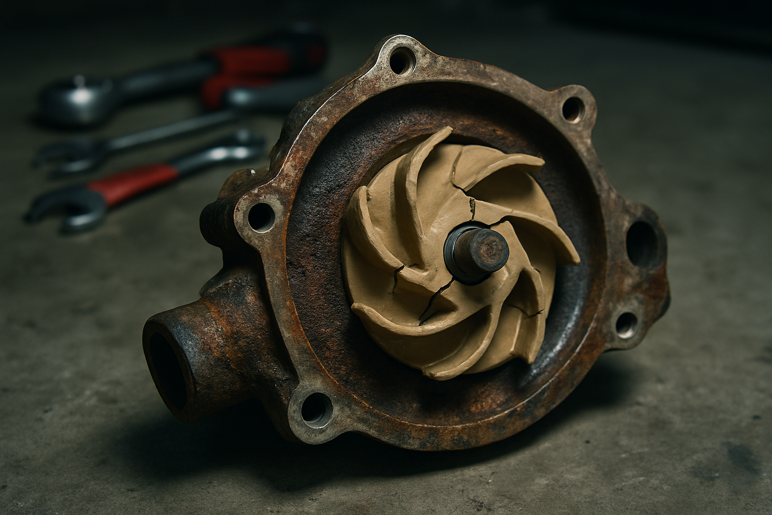 a corroded water pump with cracked plastic impeller removed from a Jaguar XK8 AJ26 V8 engine