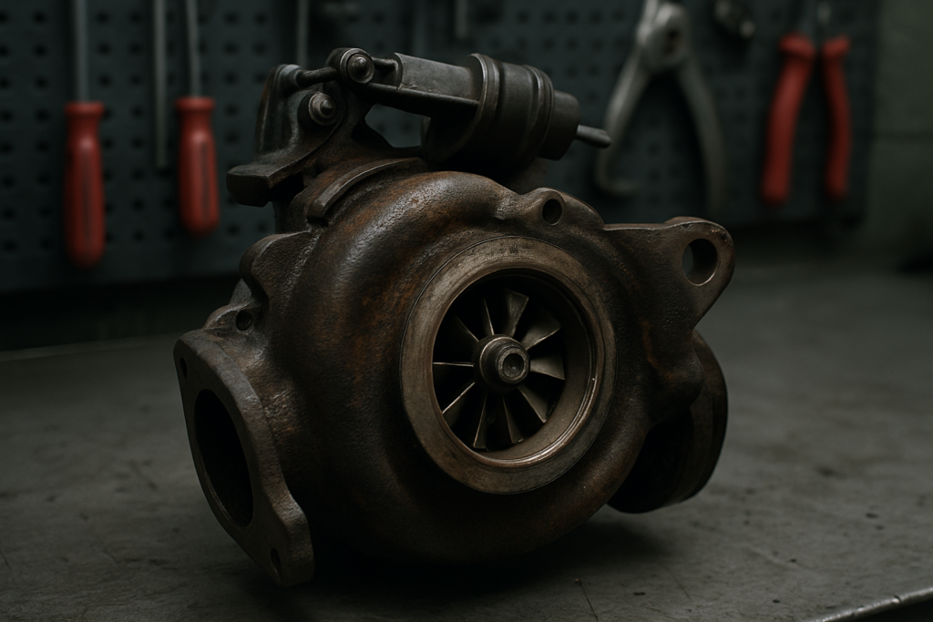 a variable geometry turbocharger from a 1.6 HDi DV6 engine removed and placed on a workbench