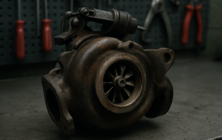 a variable geometry turbocharger from a 1.6 HDi DV6 engine removed and placed on a workbench