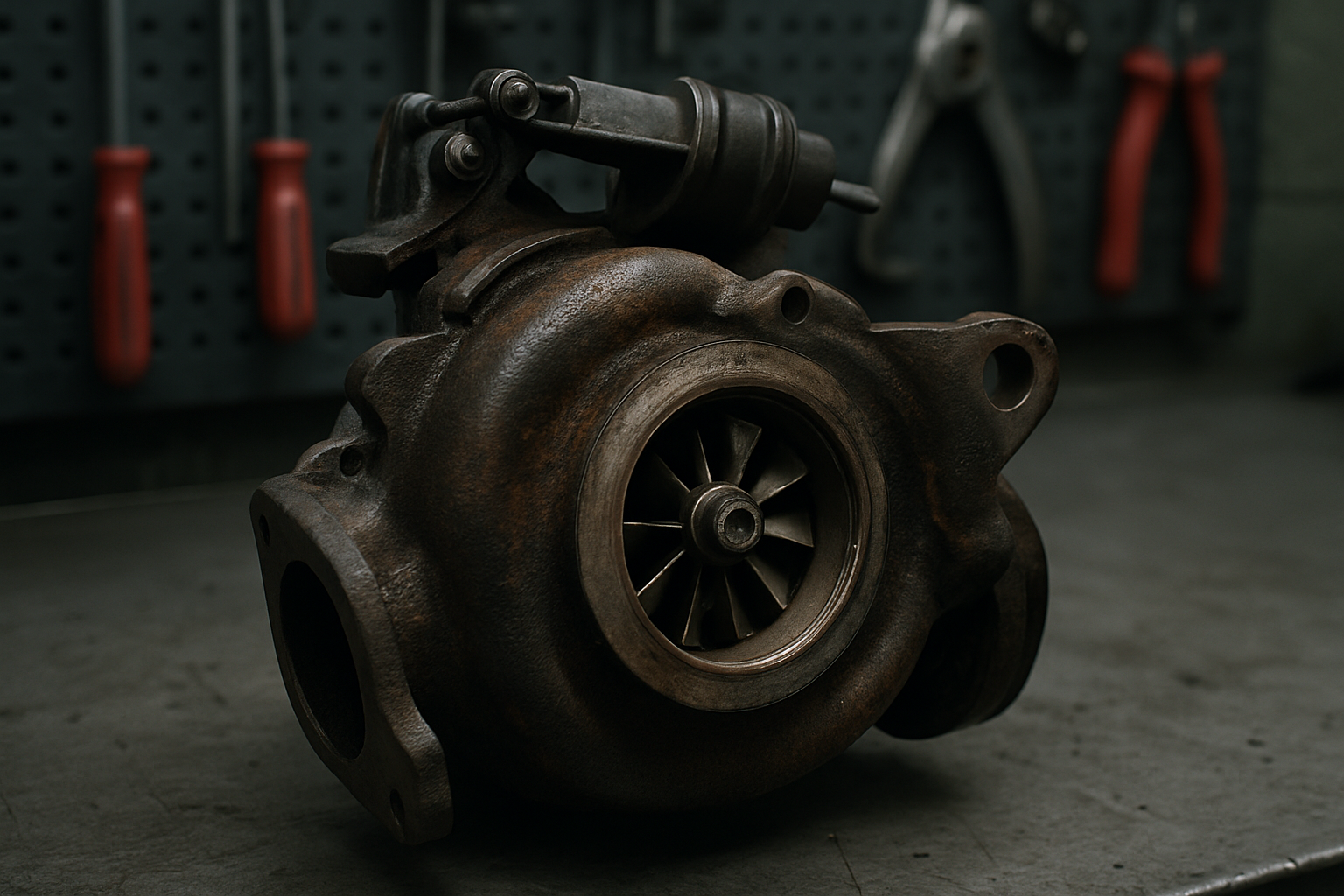 a variable geometry turbocharger from a 1.6 HDi DV6 engine removed and placed on a workbench