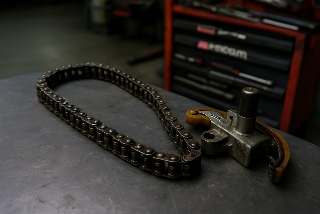 worn timing chain and hydraulic tensioner from a Peugeot PureTech 1.2 engine laid on a workbench