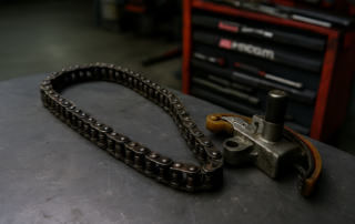 worn timing chain and hydraulic tensioner from a Peugeot PureTech 1.2 engine laid on a workbench