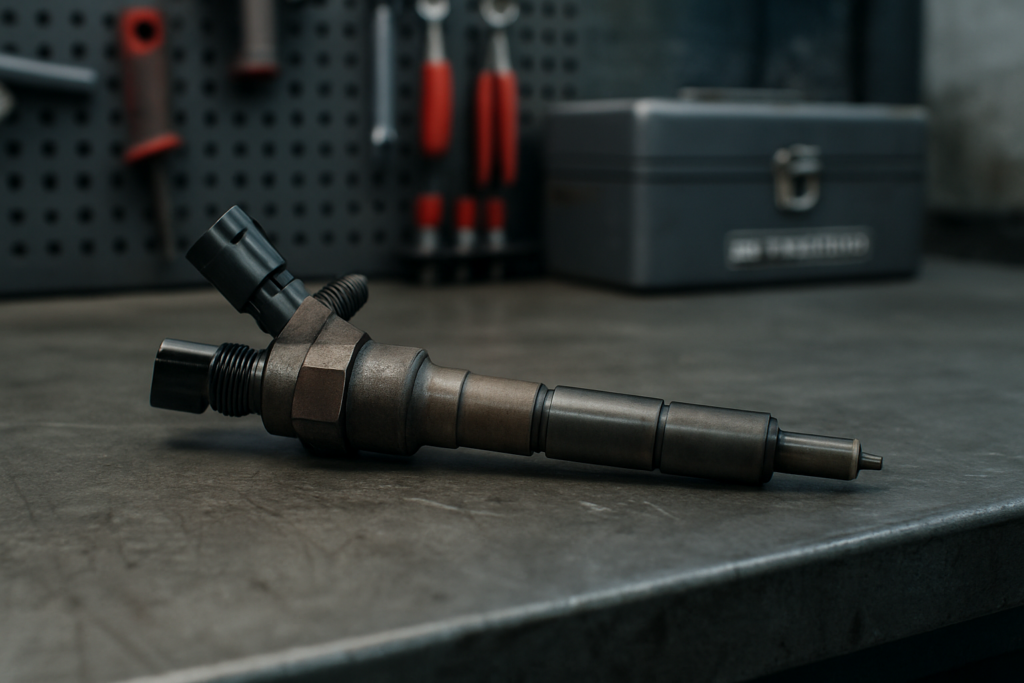 a common rail diesel injector from a Peugeot 508 DW10 engine removed and placed on a workbench
