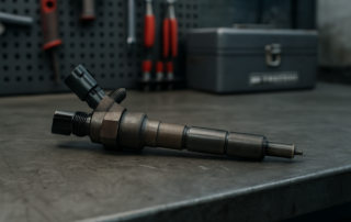 a common rail diesel injector from a Peugeot 508 DW10 engine removed and placed on a workbench