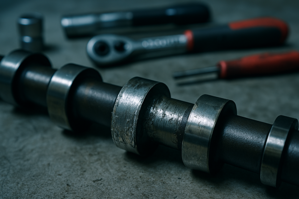 worn camshaft with visible cam lobe scoring and metal flaking removed from a Renault M9R 2.0 dCi engine