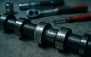 worn camshaft with visible cam lobe scoring and metal flaking removed from a Renault M9R 2.0 dCi engine