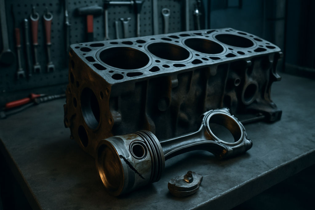 disassembled Renault G9T 2.2 dCi diesel engine block with cracked piston and bent connecting rod laid on a workbench
