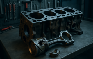 disassembled Renault G9T 2.2 dCi diesel engine block with cracked piston and bent connecting rod laid on a workbench