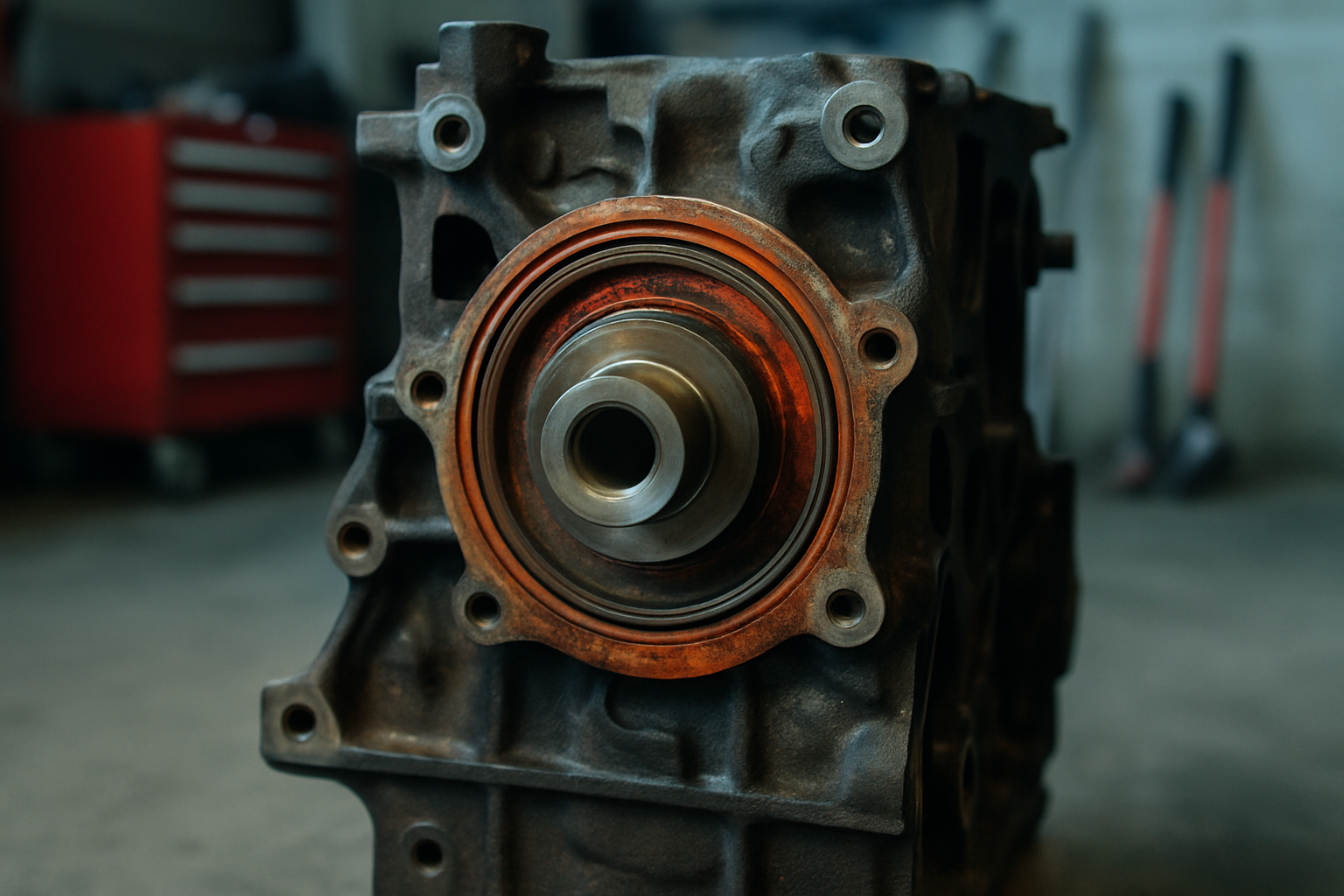 crankshaft rear oil seal removed from a small diesel engine block