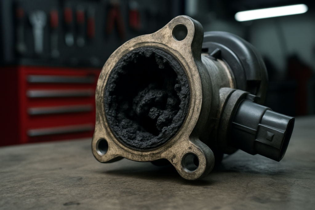 a carbon-clogged EGR valve from a Fiat Bravo 1.9 JTD diesel engine