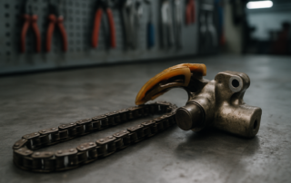 worn timing chain and hydraulic tensioner from a Fiat TwinAir 0.9 engine laid on a workbench