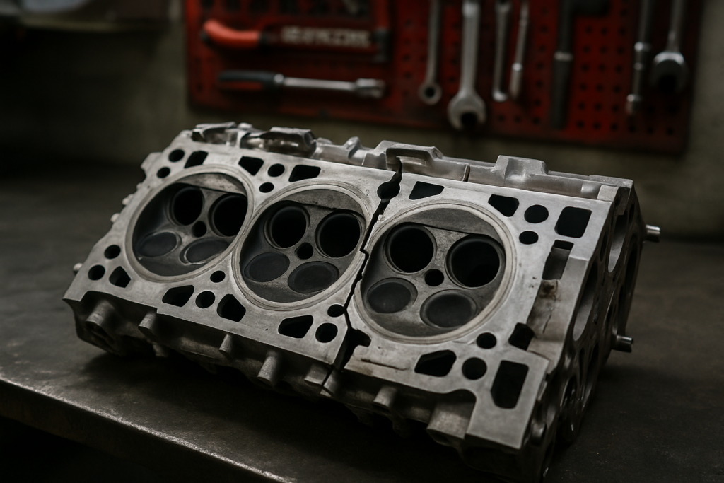 cracked aluminum cylinder head from a Land Rover Freelander 2.2 TD4 engine laid on a workbench