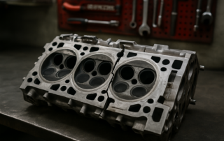 cracked aluminum cylinder head from a Land Rover Freelander 2.2 TD4 engine laid on a workbench