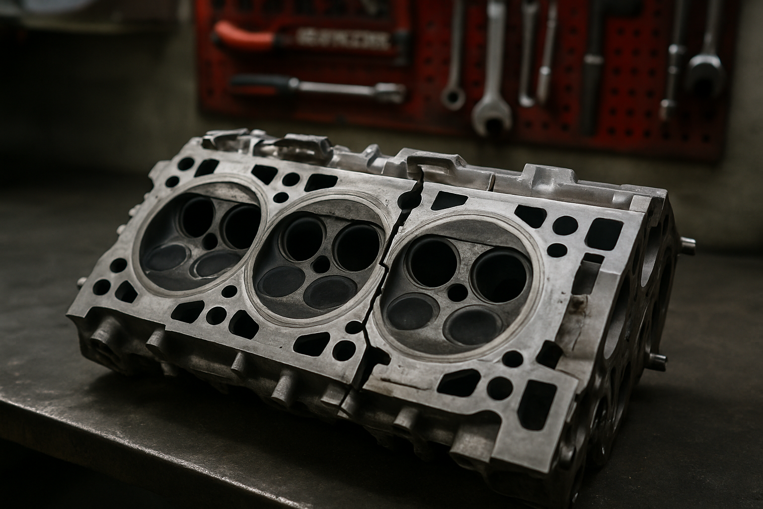 cracked aluminum cylinder head from a Land Rover Freelander 2.2 TD4 engine laid on a workbench