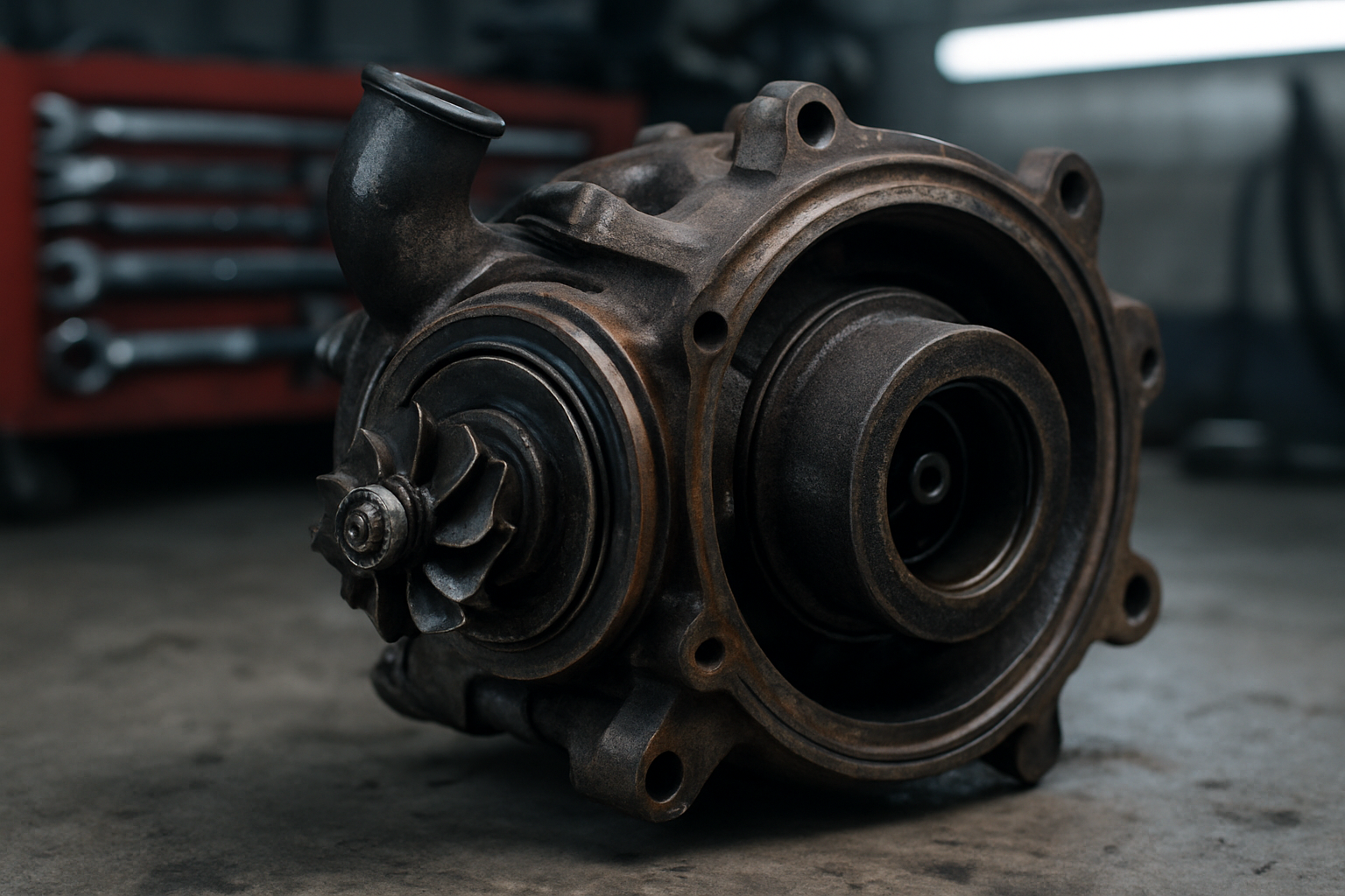 worn variable geometry turbocharger from a Land Rover Discovery 3 TDV6 engine