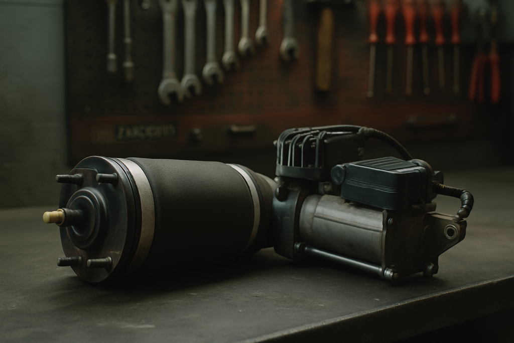 Land Rover Discovery 4 air suspension air bag and compressor unit removed and laid on a workbench