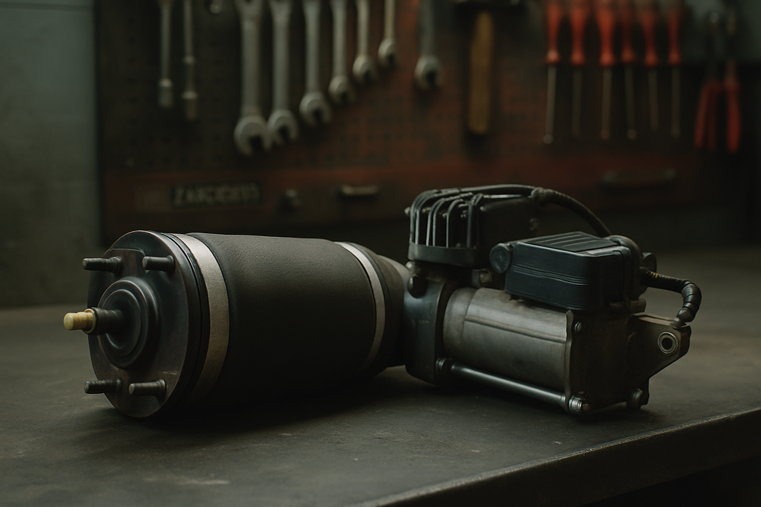 Land Rover Discovery 4 air suspension air bag and compressor unit removed and laid on a workbench