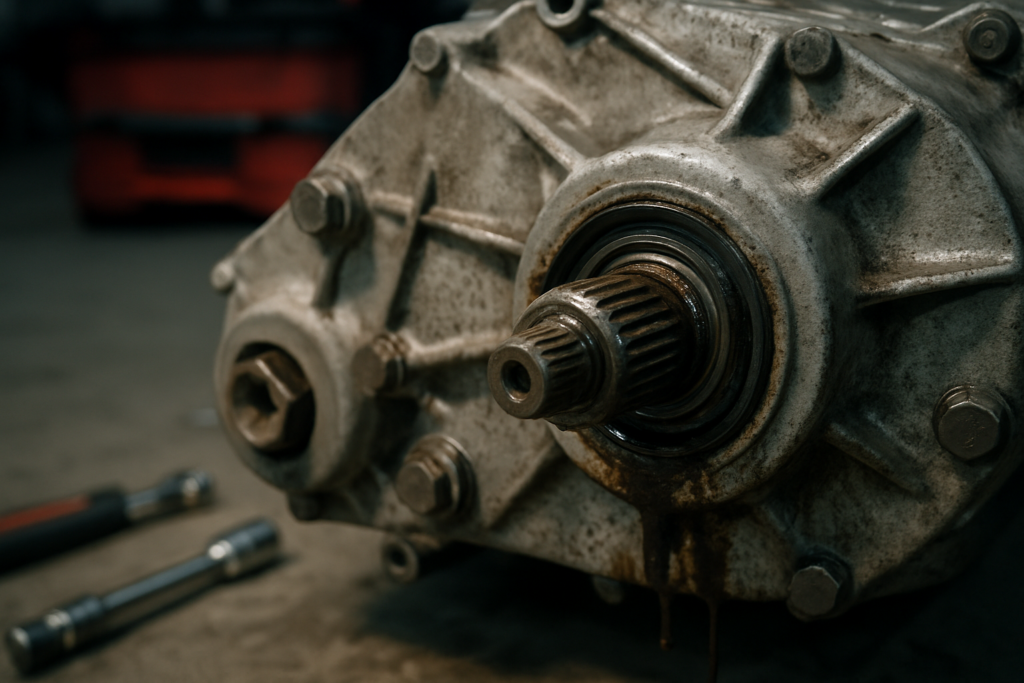 Land Rover Defender LT230 transfer box with oil leak traces around spi seal and transmission shaft