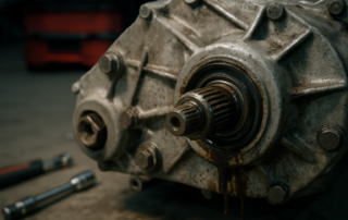 Land Rover Defender LT230 transfer box with oil leak traces around spi seal and transmission shaft