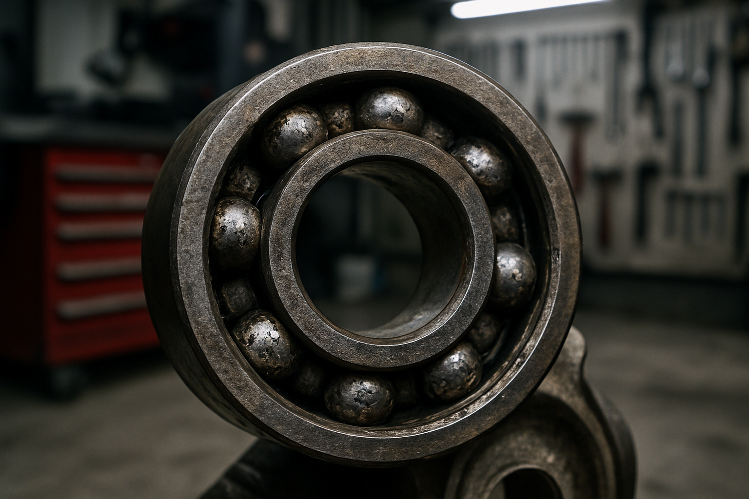 worn IMS bearing (Intermediate Shaft Bearing) from a Porsche 911 type 996 flat-six engine
