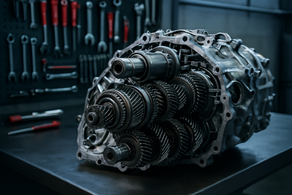 Porsche PDK dual-clutch transmission unit disassembled on a workbench