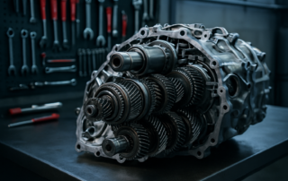 Porsche PDK dual-clutch transmission unit disassembled on a workbench
