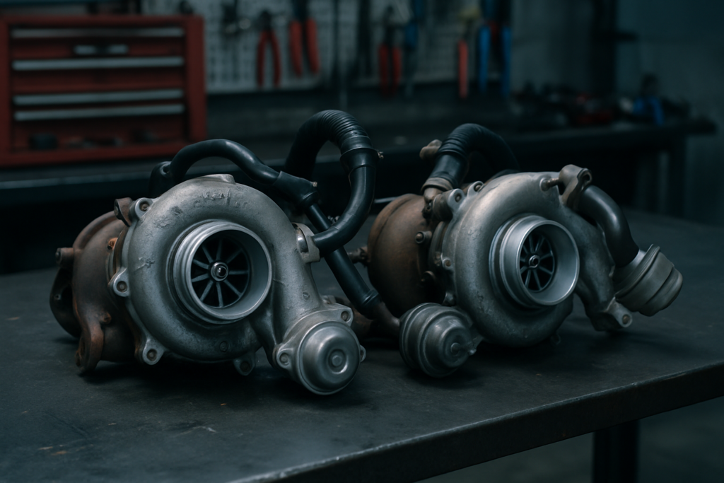 twin turbochargers from a Porsche Cayenne 4.5L V8 engine laid on a workbench