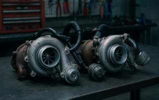 twin turbochargers from a Porsche Cayenne 4.5L V8 engine laid on a workbench