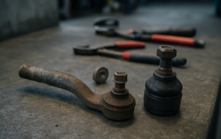 worn steering tie rod end and ball joint from a Kia Sportage removed and laid on a workbench