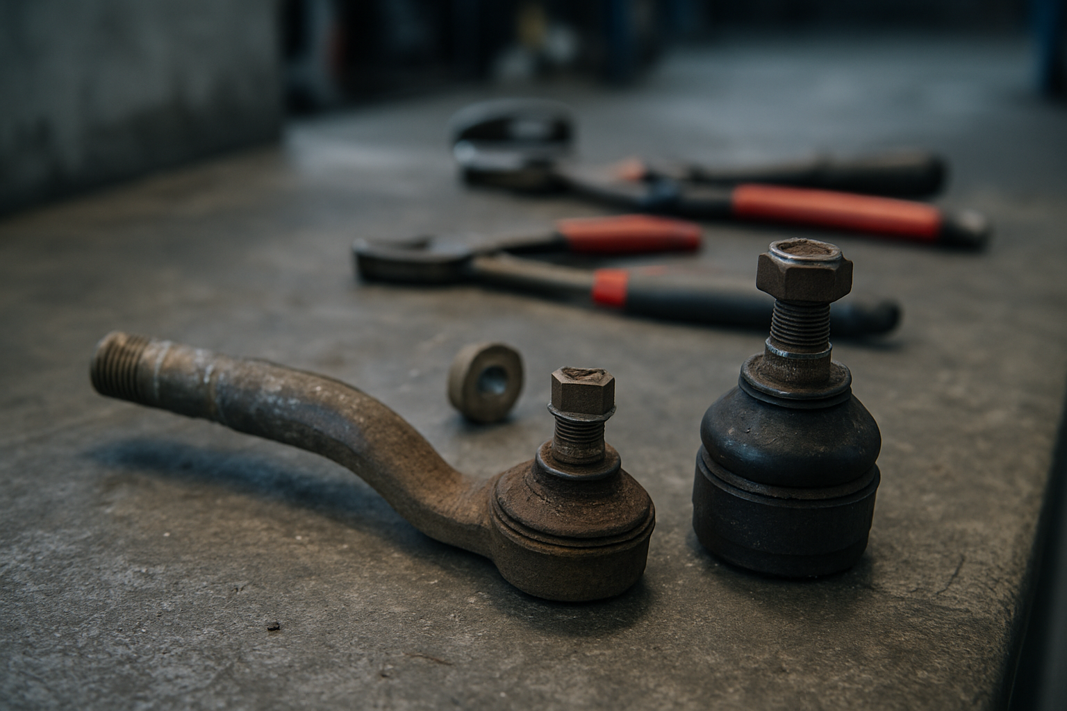 worn steering tie rod end and ball joint from a Kia Sportage removed and laid on a workbench