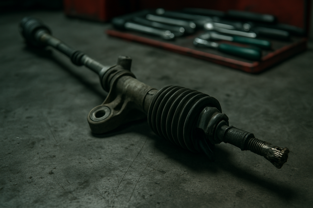 worn Kia Rio steering rack with damaged inner tie rod and torn rubber boot