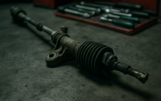 worn Kia Rio steering rack with damaged inner tie rod and torn rubber boot
