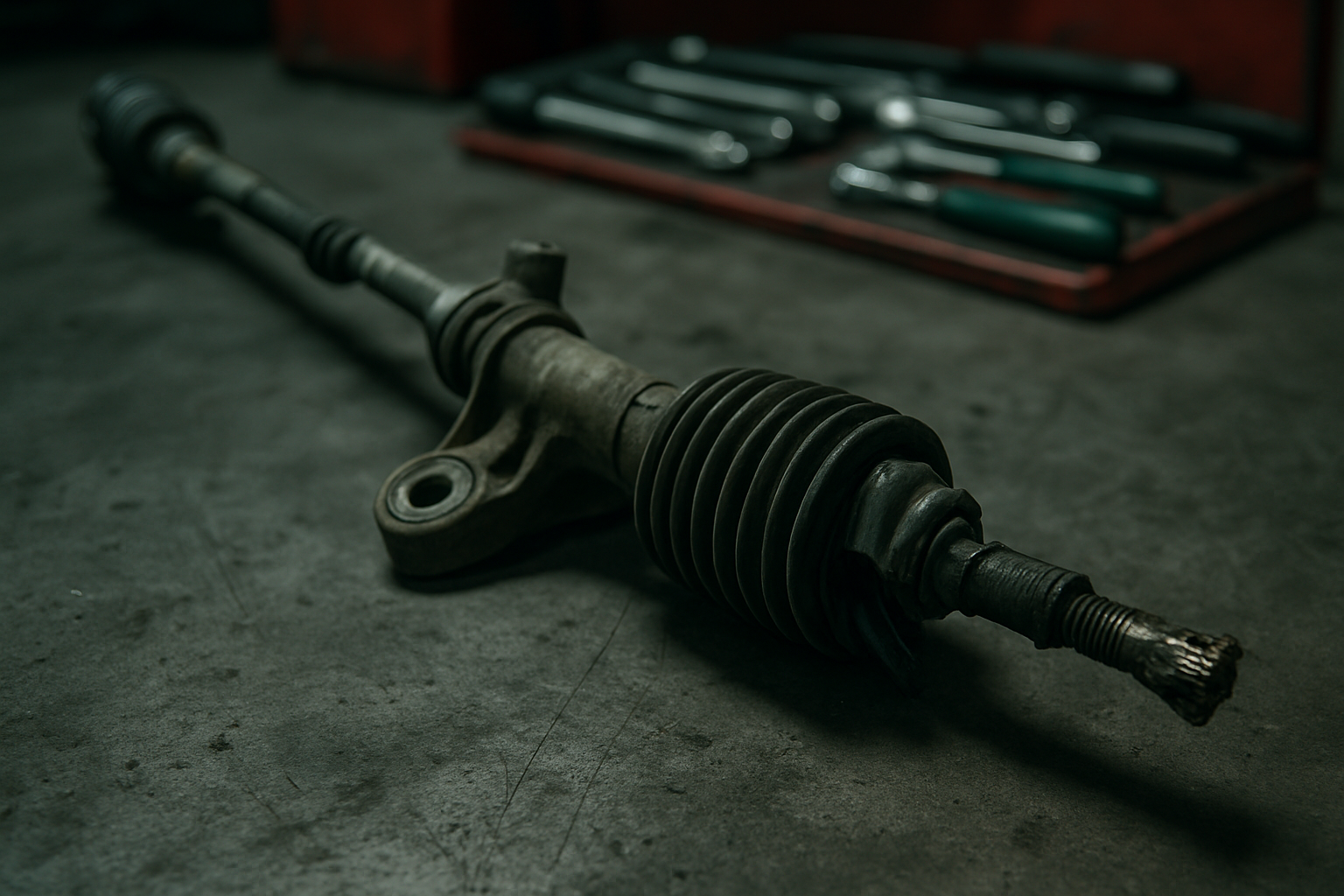 worn Kia Rio steering rack with damaged inner tie rod and torn rubber boot