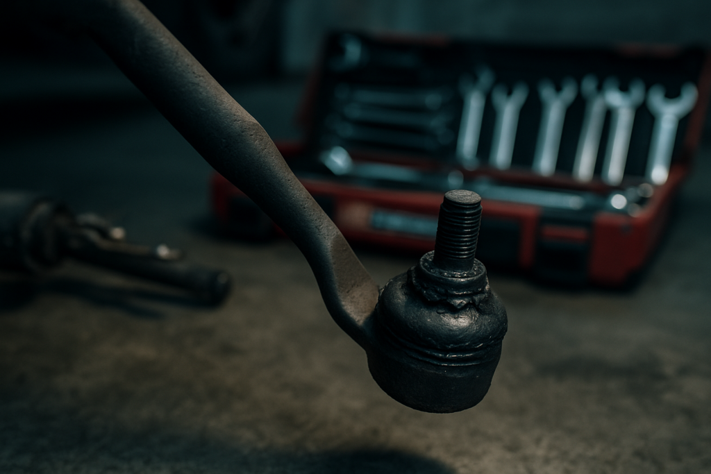 worn Kia Cee'd steering tie rod end with visible play and grease leak