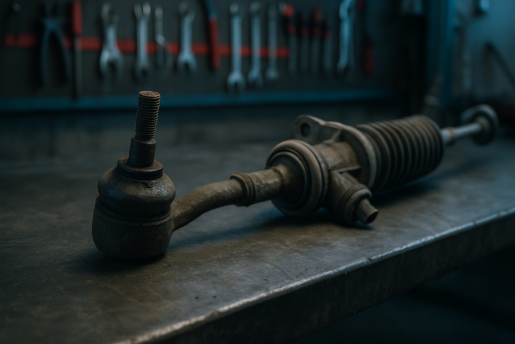 worn tie rod end and steering rack from a small city car laid on a workbench