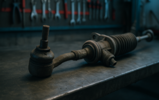 worn tie rod end and steering rack from a small city car laid on a workbench