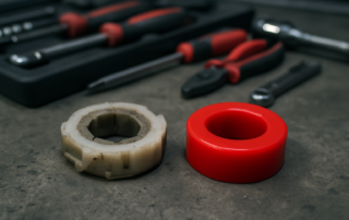 worn plastic steering column damper from a Hyundai ix35 EPS system next to a new polyurethane replacement part