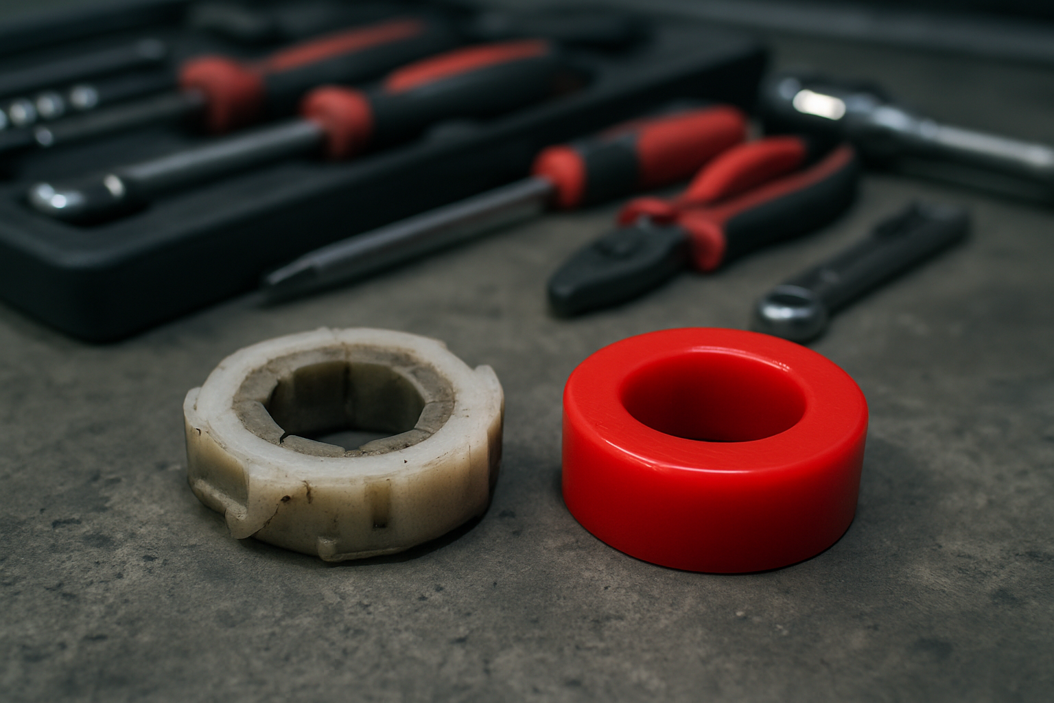 worn plastic steering column damper from a Hyundai ix35 EPS system next to a new polyurethane replacement part
