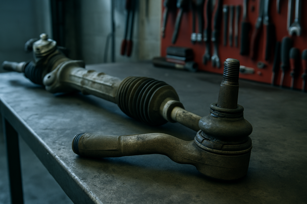 worn steering rack and tie rod end from a Hyundai Veloster laid on a workbench