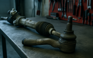 worn steering rack and tie rod end from a Hyundai Veloster laid on a workbench