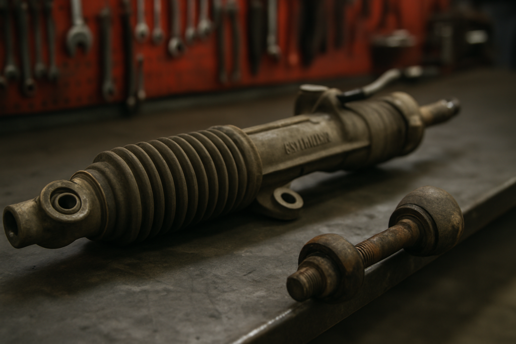 worn steering rack and tie rod end from a Hyundai Santa Fe laid on a workbench