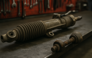 worn steering rack and tie rod end from a Hyundai Santa Fe laid on a workbench
