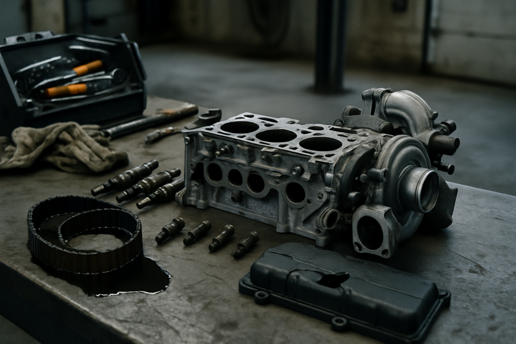 Moteur 1.0 TSI Volkswagen démonté sur établi