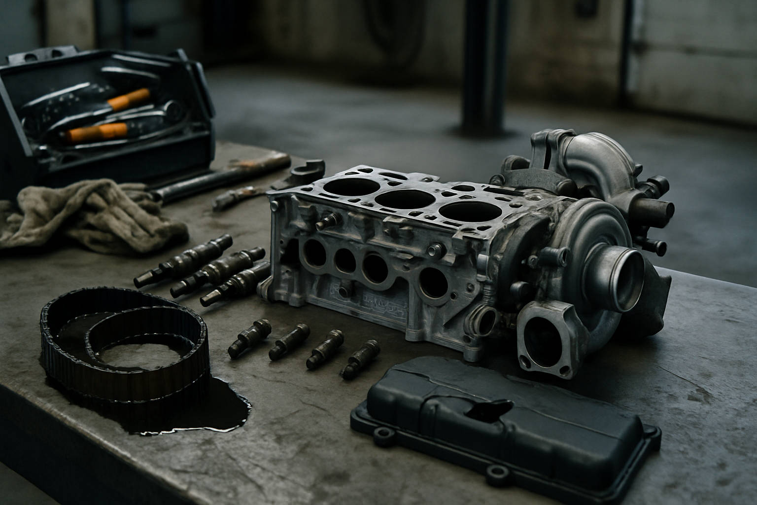 Moteur 1.0 TSI Volkswagen démonté sur établi