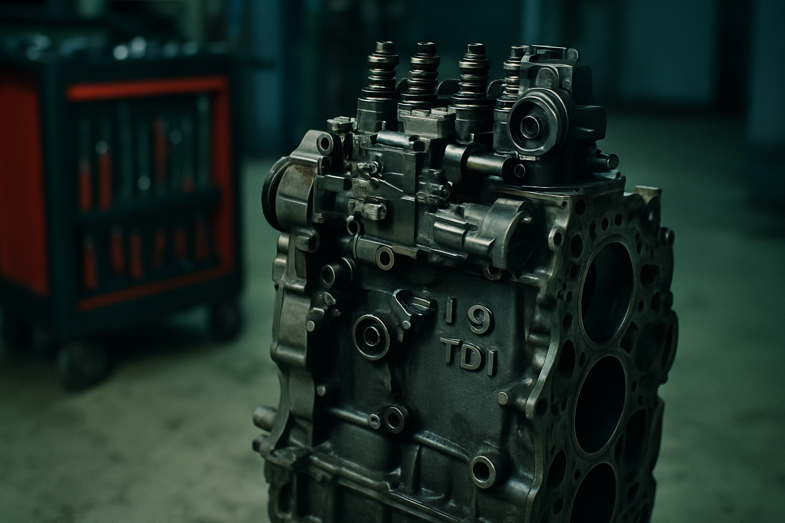 Volkswagen 1.9 TDI engine block with unit injector pump visible on top