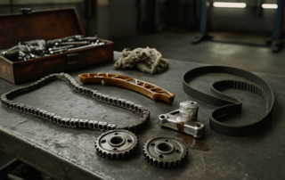 Kit distribution moteur 1.6 THP PSA BMW avec chaîne usée sur établi