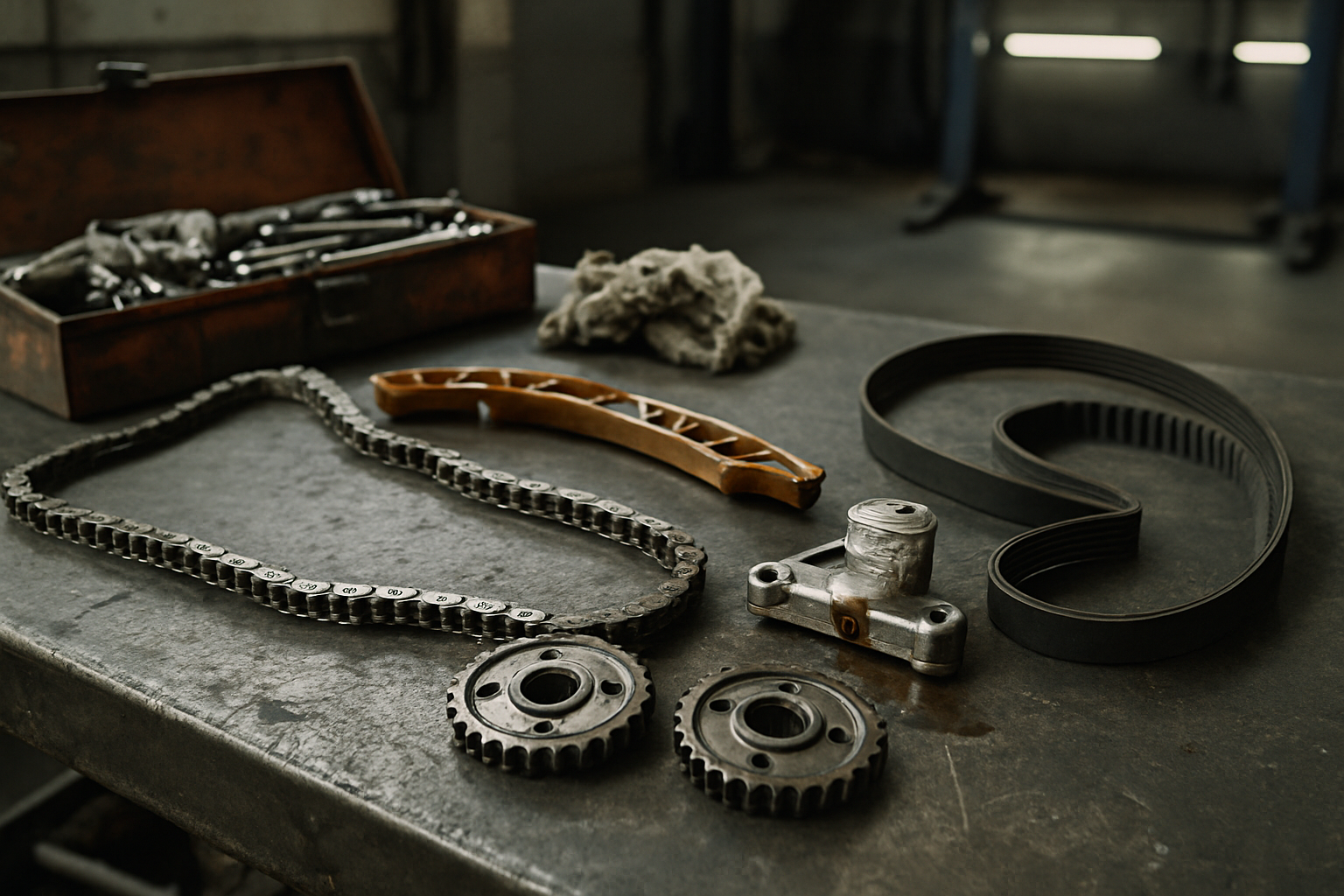 Kit distribution moteur 1.6 THP PSA BMW avec chaîne usée sur établi